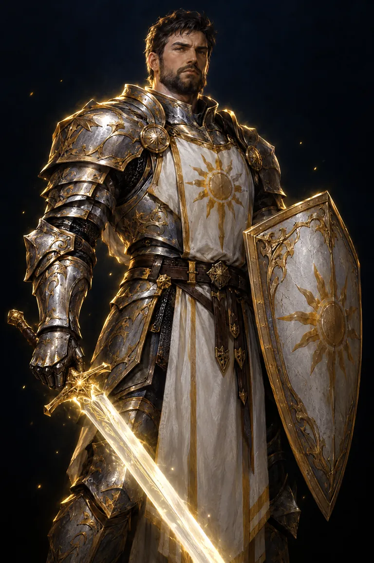Kael, a bearded paladin in silver and gold plate with a kite shield