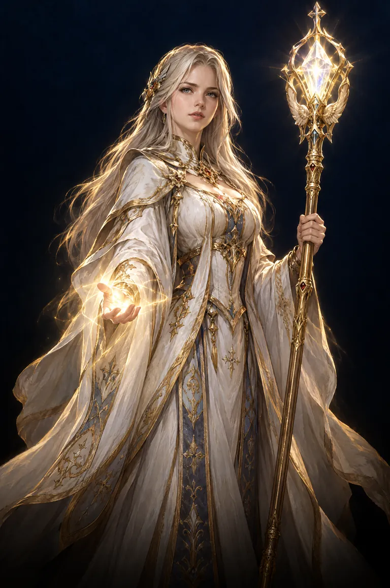 Mira, a silver-blonde bishop in white and gold robes holding a golden crystal staff