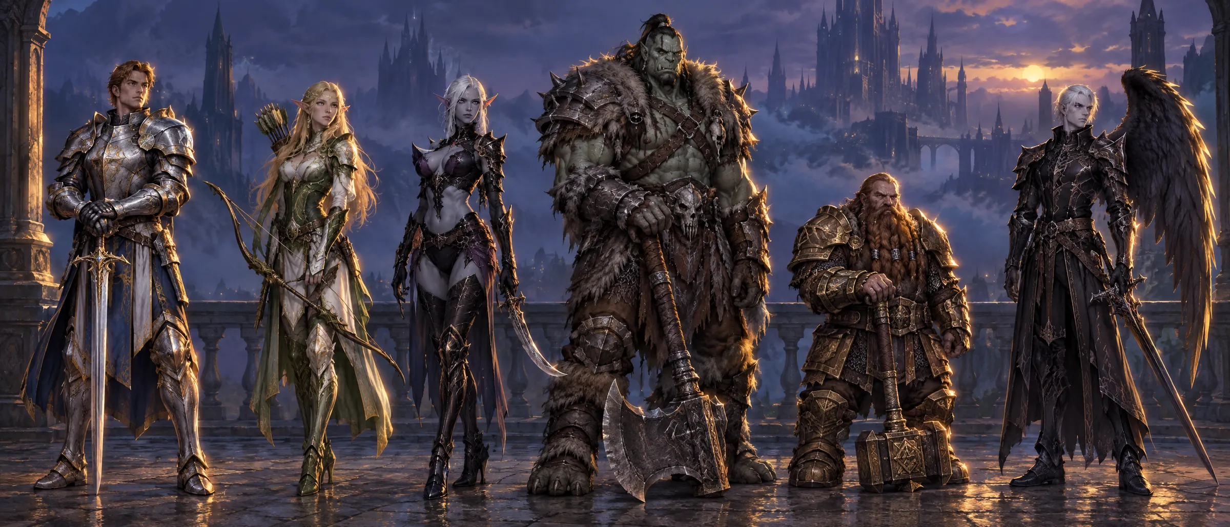 Six heroes side by side: a human knight, an elf ranger, a dark elf blade dancer, an orc warrior, a dwarf with a hammer and a one-winged kamael