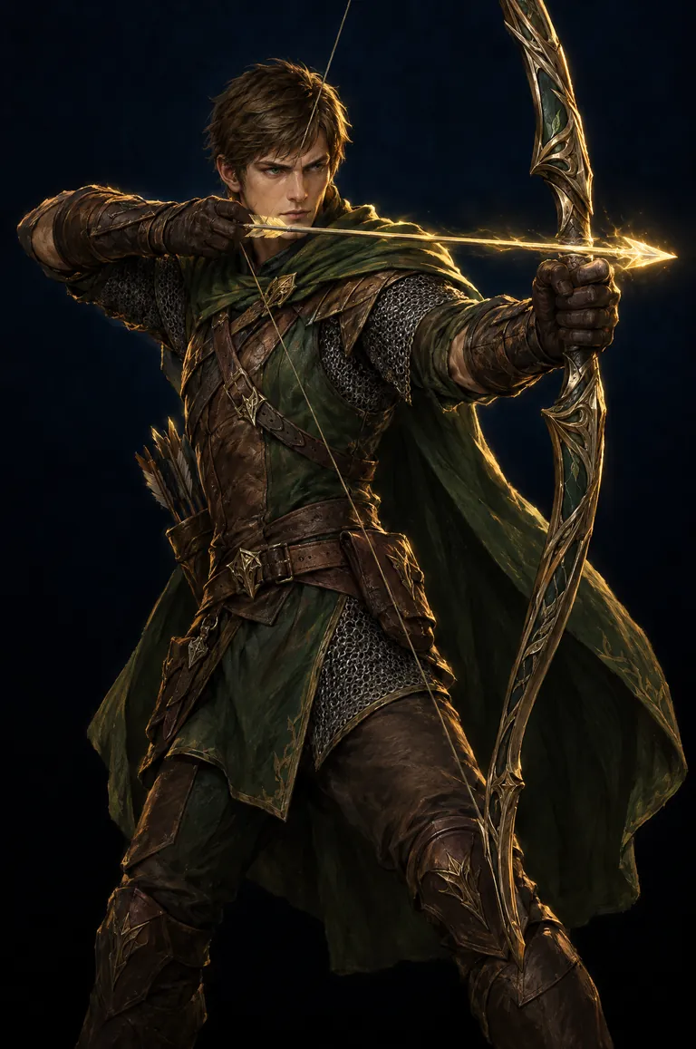 Rowan, a hawkeye archer in green and leather drawing a longbow with a glowing arrow