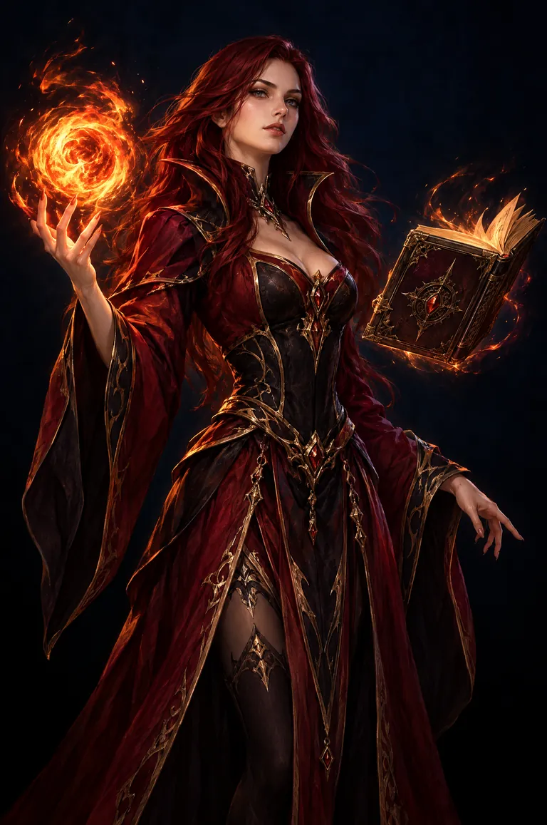 Selene, a red-haired sorcerer in crimson robes conjuring an orb of fire