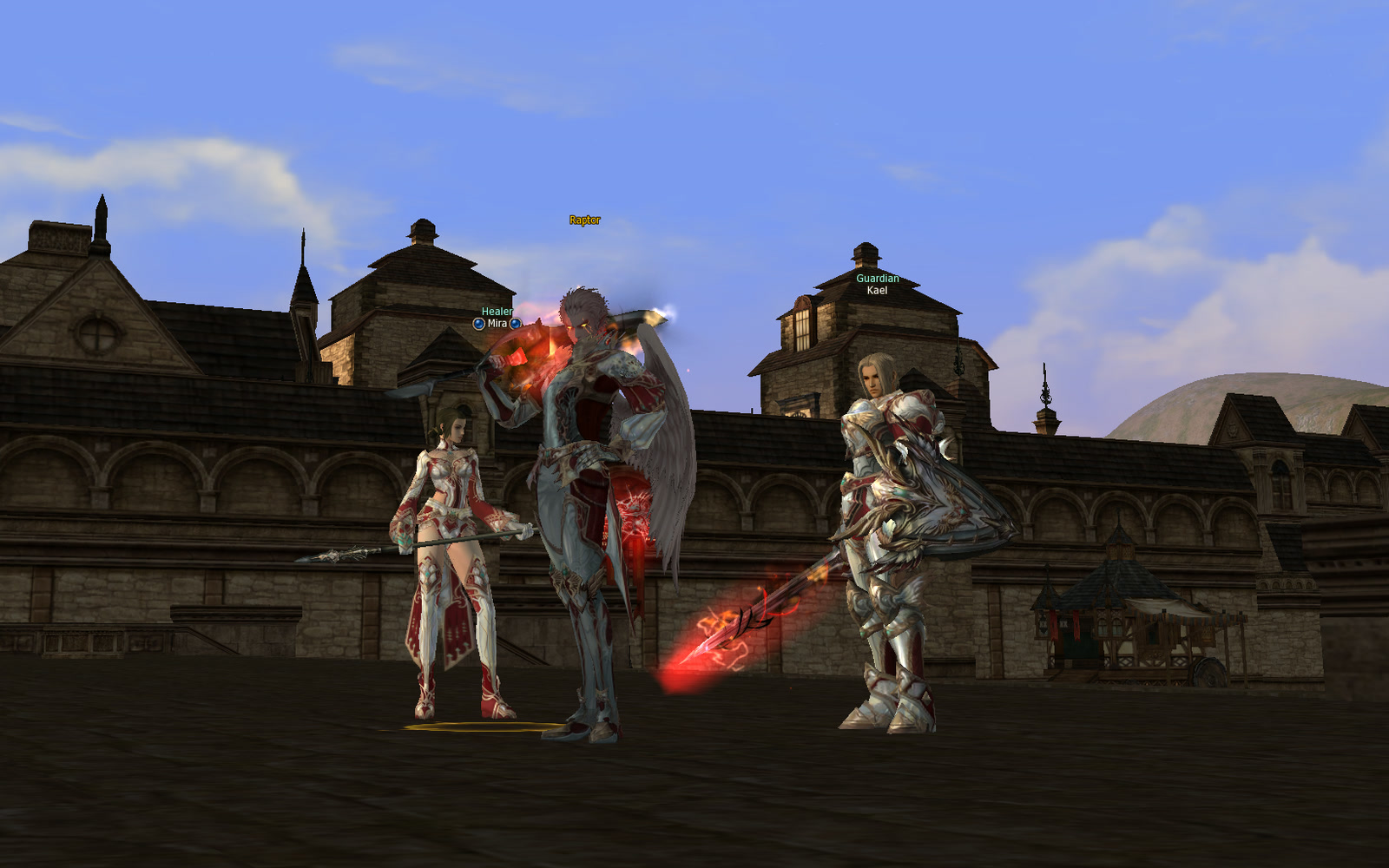 A player flanked by Kael the Guardian and Mira the Healer, both in Dynasty gear, outside a walled town